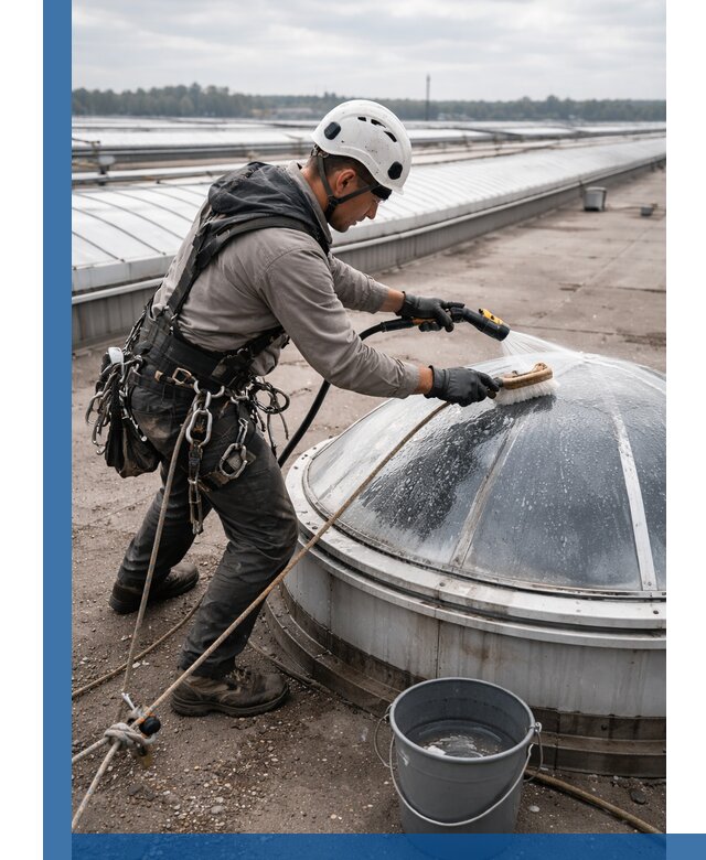 Мойка зенитных фонарей на кровле для промышленных объектов в Дедовске