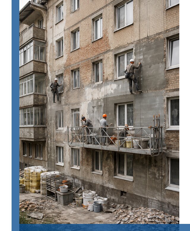 Капитальный ремонт фасада в Дедовске с восстановлением и гидроизоляцией