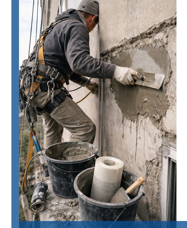 Ремонт бетонных элементов фасада промышленными альпинистами в Дедовске