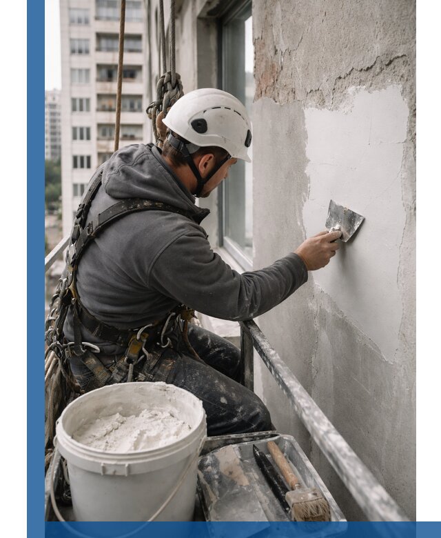 Шпаклевка фасадов на высоте с промальпинистами в Дедовске