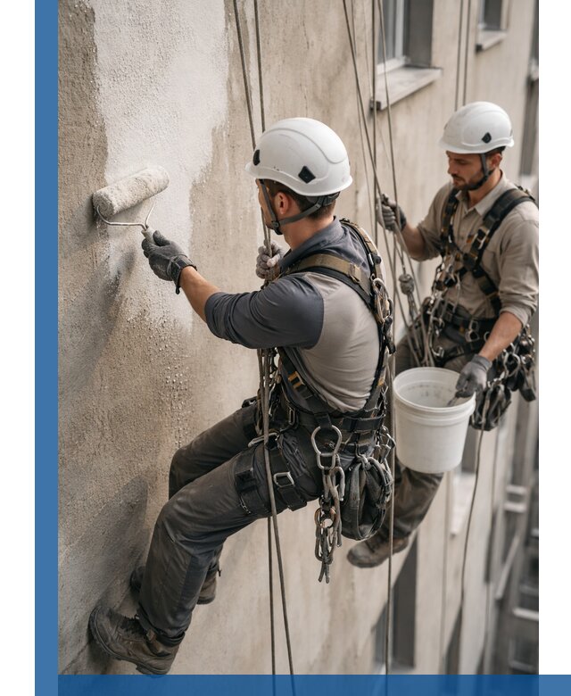 Грунтовка фасада на высоте в Дедовске промышленными альпинистами