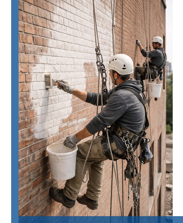 Покраска кирпичного фасада с доступным альпинистским сервисом в Дедовске