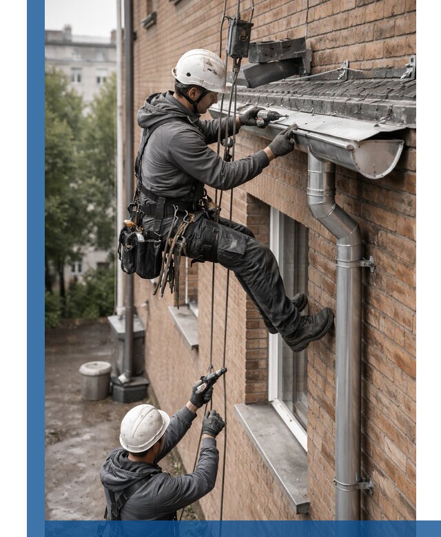 Монтаж водосточной системы на здании в Дедовске под ключ