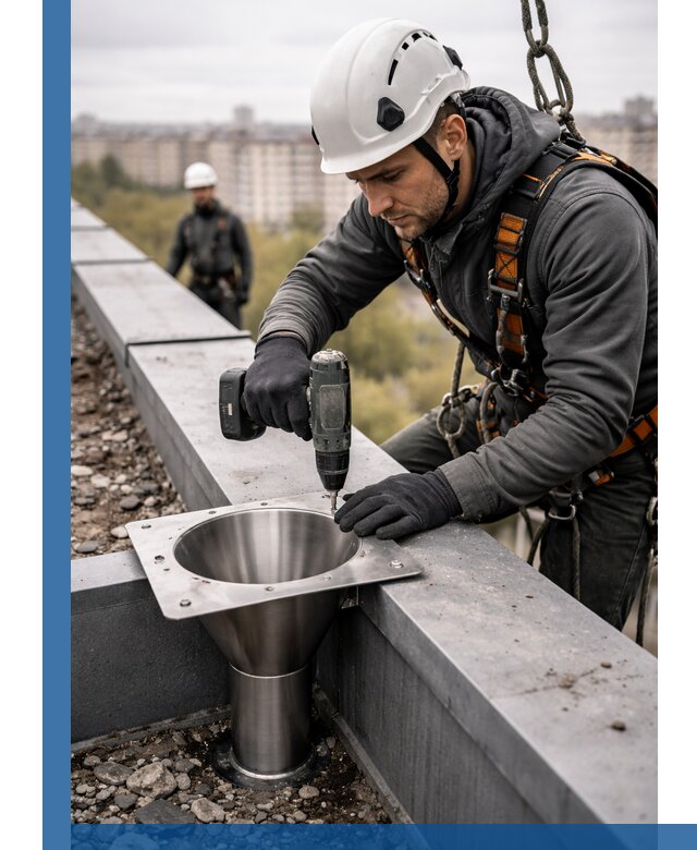 Монтаж водосточных воронок в Дедовске для промышленных зданий