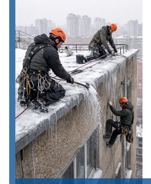 Удаление наледи с кровли в Дедовске промышленными альпинистами