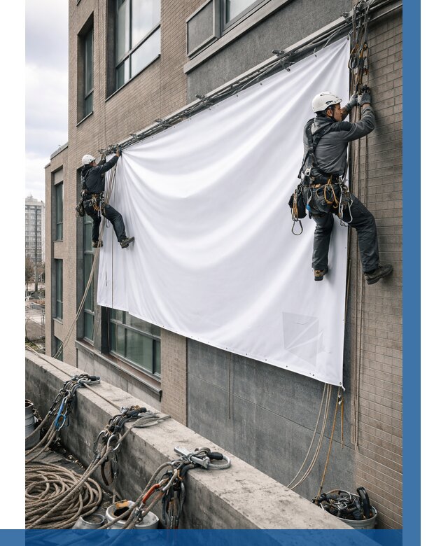 Монтаж баннеров на фасаде в Дедовске от 715 р. заказать ВЫСОТНИК-Ддв