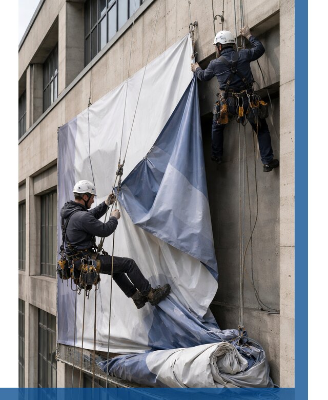 Демонтаж баннеров с фасада в Дедовске от 4948 р. | ВЫСОТНИК-Ддв