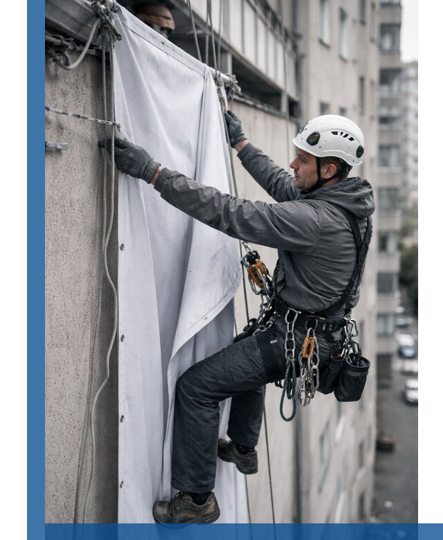 Замена баннерного полотна промышленными альпинистами в Дедовске