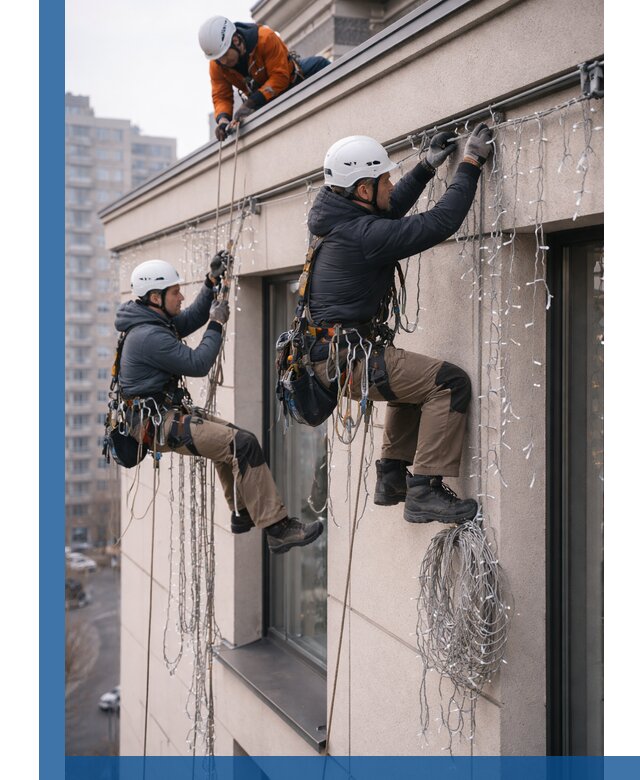 Монтаж праздничных гирлянд на фасаде в Дедовске для зданий