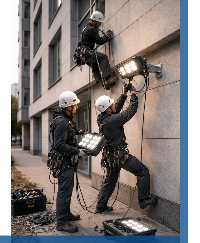 Монтаж прожекторов на фасаде в Дедовске от 8246 р. | ВЫСОТНИК-Ддв