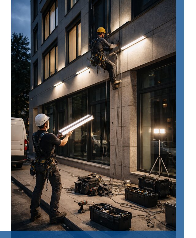 Монтаж архитектурной подсветки здания в Дедовске от 2749 р.|ВЫСОТНИК-Ддв