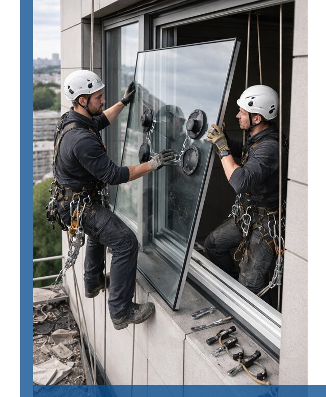 Замена стеклопакетов на высоте с промышленными альпинистами в Дедовске
