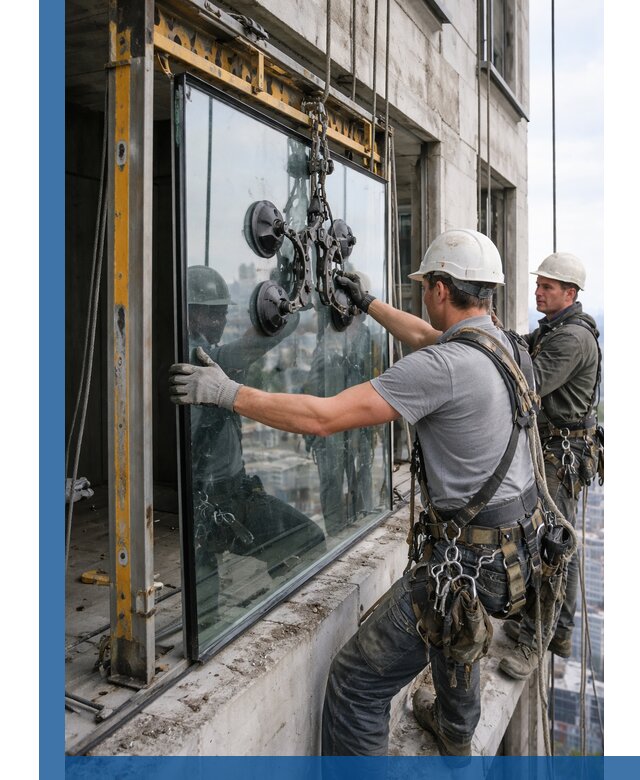 Монтаж стеклопакетов на высоте в Дедовске с промышленным альпинизмом