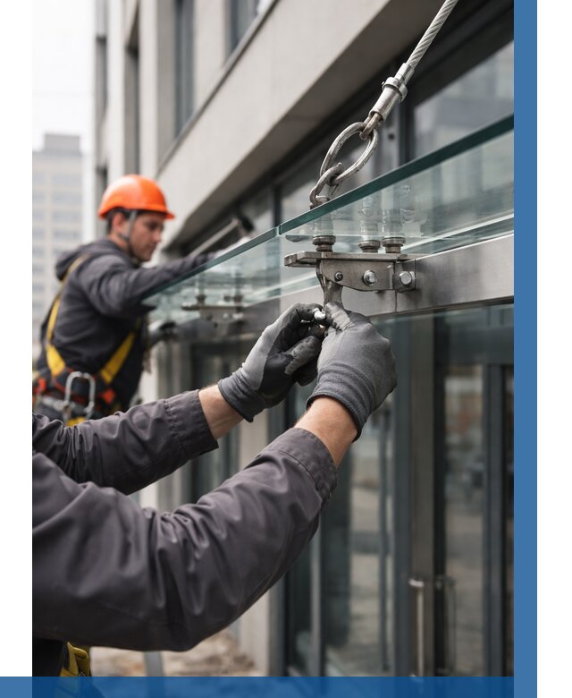 Монтаж стеклянных козырьков в Дедовске от 9346 р. | ВЫСОТНИК-Ддв