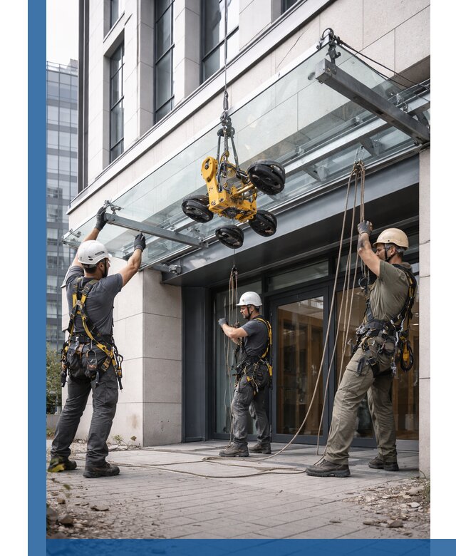 Монтаж стеклянных козырьков под ключ в Дедовске для зданий