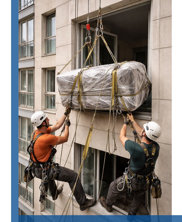 Подъем грузов через окно в Дедовске промышленными альпинистами