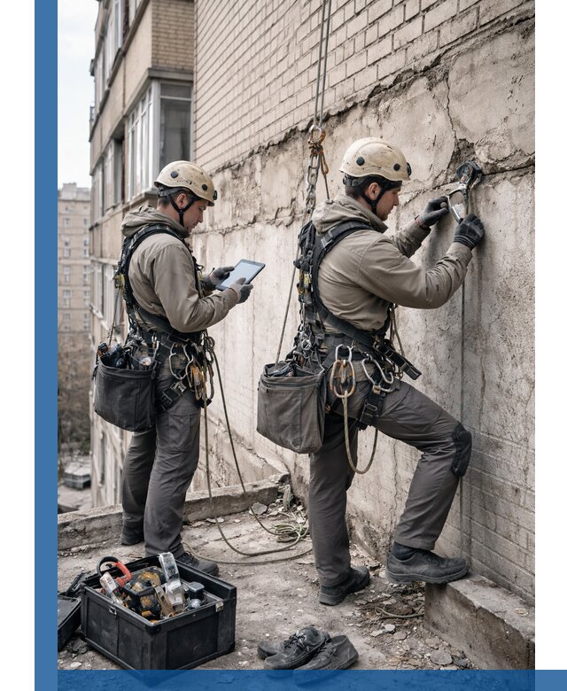 Обследование фасада промышленными альпинистами в Дедовске